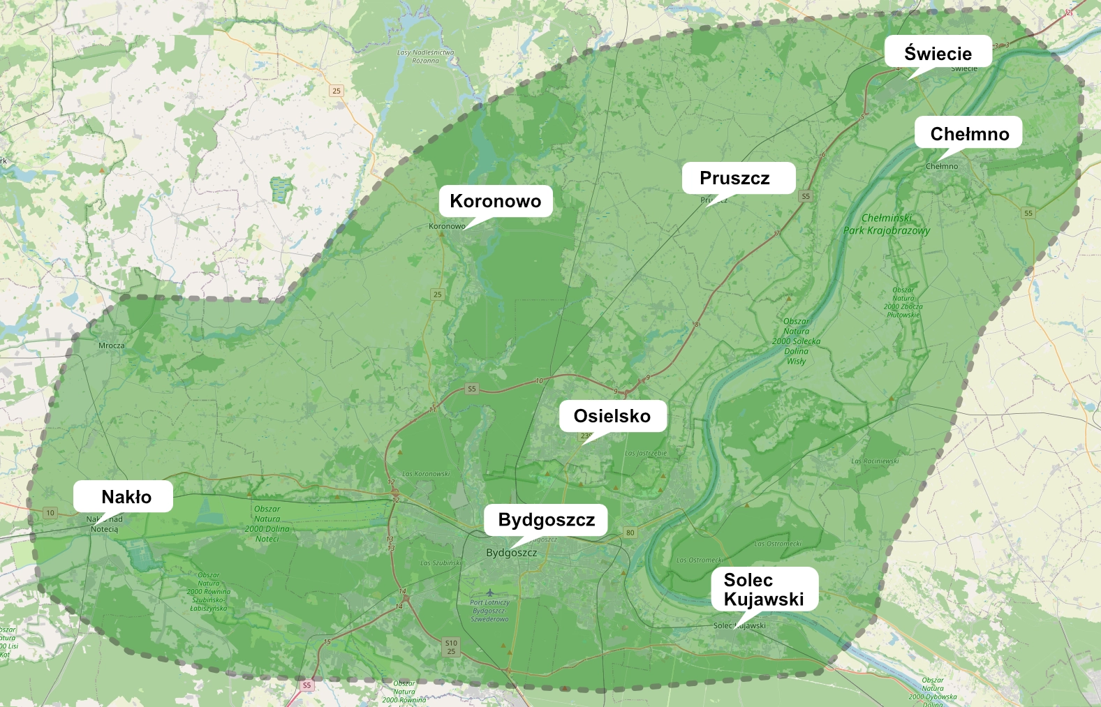 Mapa obszaru działania — powiaty bydgoski, chełmiński, nakielski i świecki